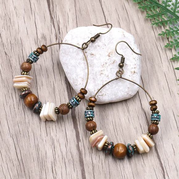 Bohemian Round Shell Beaded Women's Hoop Earrings - Picture 1 of 3